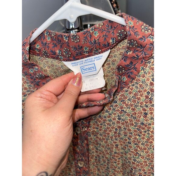 Vtg 70s Pink Calico Floral Sleeveless Boho Hippie Dress Cotton Size 16 Blouson - Picture 2 of 7